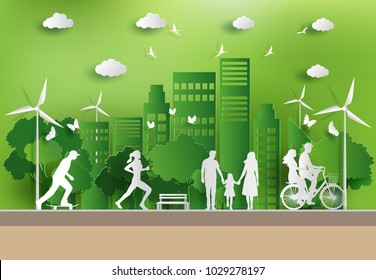 Paper art style of landscape with eco green city, people enjoy fresh air in the park, save the planet and energy concept, flat-style vector illustration.