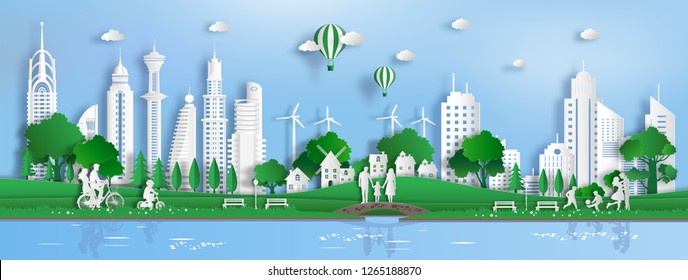 Paper art style of landscape with eco green city, people enjoy fresh air in the park, save the planet and energy concept, flat-style vector illustration.