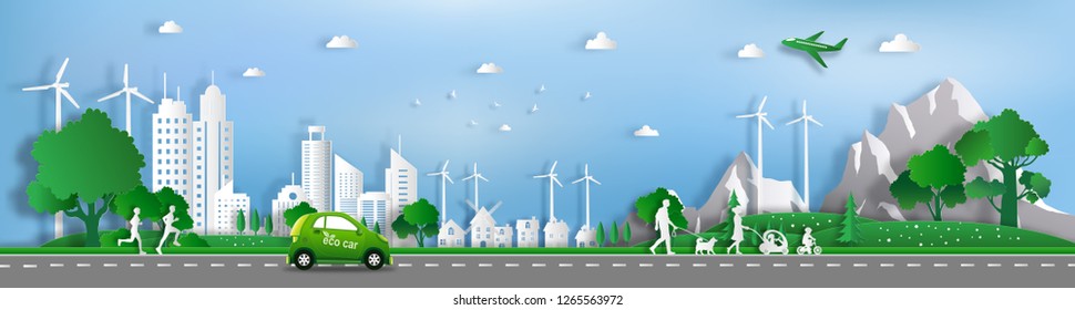 Paper art style of landscape with eco car and green city, people enjoy activities outdoor, save the planet and energy concept, flat-style vector illustration.