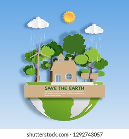 Paper art style of landscape with eco green city, save the earth and energy concept, flat-style vector illustration.
