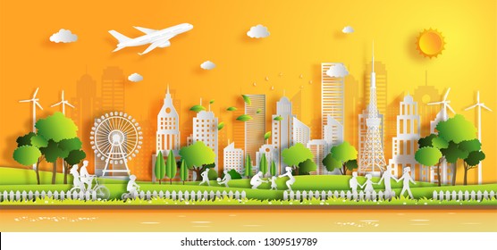 Paper art style of landscape with eco green city, people enjoy activities outdoor, save the planet and energy concept, paper cut and craft style, flat-style vector illustration.