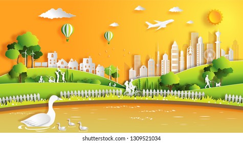 Paper art style of landscape with eco green city, people enjoy activities outdoor, save the planet and energy concept, paper cut and craft style, flat-style vector illustration.