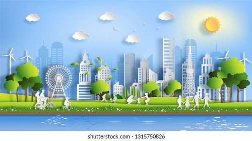 Paper Art Style Of Landscape With Eco Green City, People Enjoy Activities Outdoor, Save The Planet And Energy Concept, Paper Cut And Craft Style, Flat-style Vector Illustration.