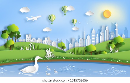 Paper Art Style Of Landscape With Eco Green City, People Enjoy Activities Outdoor, Save The Planet And Energy Concept, Paper Cut And Craft Style, Flat-style Vector Illustration.