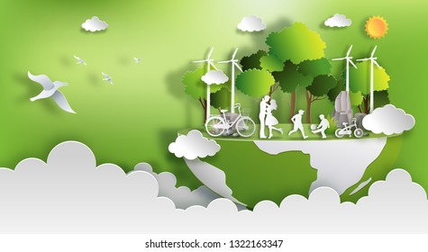 Paper art style of landscape with eco green city, family enjoy fresh air in the park, save the planet and energy concept, flat-style vector illustration.