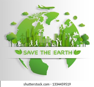 Paper art style of landscape with eco green city, people enjoy activities outdoor, save the planet and energy concept, paper cut and craft style, flat-style vector illustration.