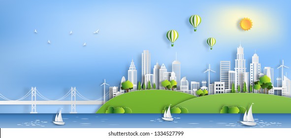 Paper art style of landscape with eco green city, save the earth and energy concept, flat-style vector illustration.