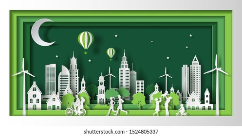 Paper art style of landscape with eco green city, people enjoy activities outdoor, save the planet and energy concept, paper cut and craft style, flat-style vector illustration.