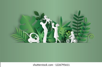 Paper art style of landscape with family enjoy fresh air in the park, save the planet and energy concept, beautiful green leaves background, flat-style vector illustration.