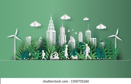 Paper art style of landscape with family enjoy fresh air in the park, save the planet and energy concept, beautiful green leaves background, flat-style vector illustration.