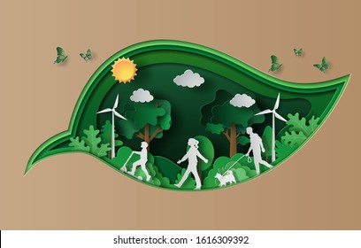 Paper art style of landscape with family enjoy fresh air in the park.