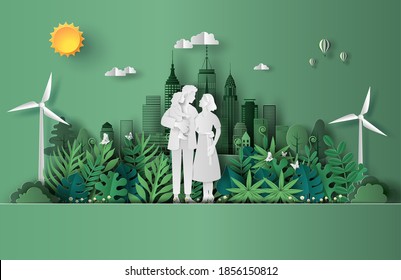 Paper art style of landscape with family enjoy fresh air in the park, save the planet and energy concept, beautiful green leaves background, flat-style vector illustration.