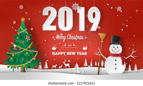 Paper art style of landscape in a forest with a deer family, a christmas tree and a snowman, Merry Christmas and Happy New Year concept.