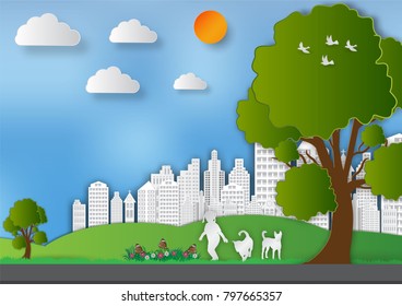 Paper art style of Landscape with girl and dogs in city parks to save the world  and ecology idea,  Abstract vector background