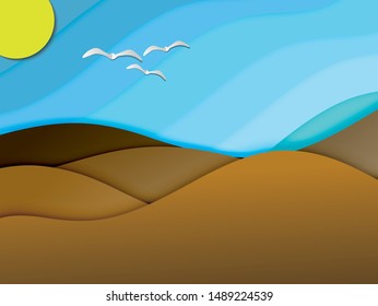Paper art style of landscape with mountains, birds, sky concept, flat-style vector illustration.
