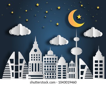 Paper art style of landscape at night in the city with moon and stars, flat-style vector illustration.