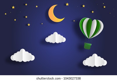 Paper art style of landscape at night with hot air balloon on sky, full moon and stars, flat-style vector illustration.