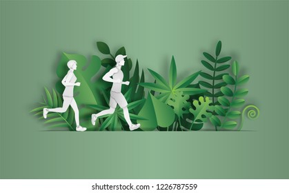 Paper art style of landscape in the park with couple running, sport and activity concept, beautiful green leaves background, flat-style vector illustration.