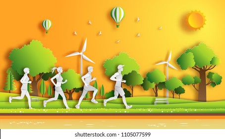Paper art style of landscape with people running, sport and activity concept, flat-style vector illustration.