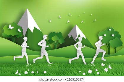 Paper art style of landscape with people running in wild nature mountain, running marathon, sport and activity concept, flat-style vector illustration.