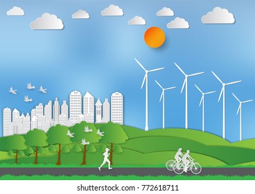 Paper art style of Landscape and People in city parks with save the world and ecology idea abstract vector background