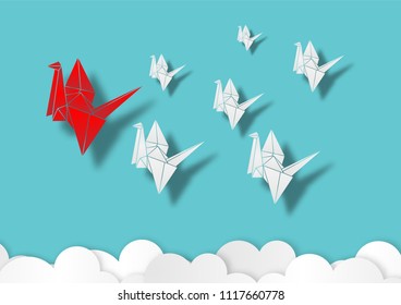 Paper art style leadership concept with origami red paper bird leading among white vector and illustration