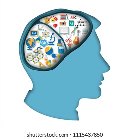 paper art style Left and right hemisphere brain concept vector artwork modern paper cut blue color in head human vector