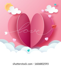 Paper art style of love and hearth greeting card template background.Vector illustration.