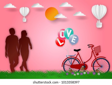 Paper art style of with man and woman in love, Balloons with text love and bicycle on pink background, vector illustration, valentines day concept