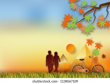 Paper art style of with man and woman for autumn concept abstract vector background