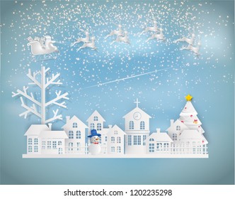 Paper art style of Merry Christmas and Happy New Year. Santa Claus on the sky coming to City. with winter landscape and stars is glitter in the sky.