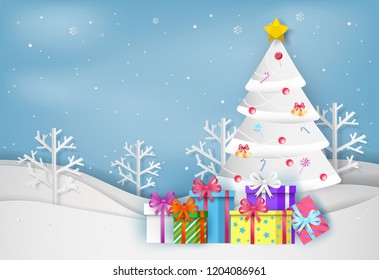 Paper art style of Merry Christmas and Happy New Year. christmas tree and colorful gift box in winter with landscape background