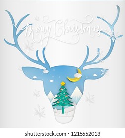 Paper art style of Merry christmas and New Year. Illustration of deer and antler winter landscape and Christmas Tree. greeting card concept. 
