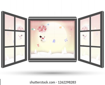 Paper art style, Merry Christmas and happy new year, In the window snowman holding red heart floating on full moon in sunset background,vector illustration eps10.