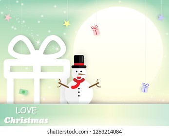 Paper art style, Merry Christmas and happy new year Gift box with snowman on the full moon background with copy space ,vector illustration eps10.