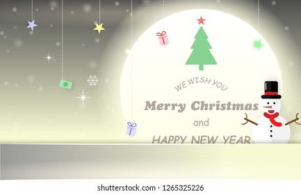 Paper art style, Merry Christmas and happy new year snowman and gift box symbol on night full moon background with copy space ,vector illustration eps10.