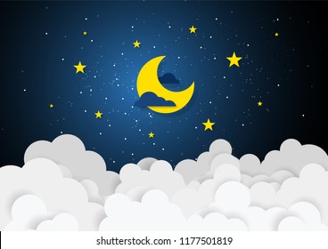 Paper art style of moon and stars in midnight concept. Business flat design vector illustration