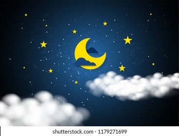 Paper art style of moon and stars in midnight concept. Business flat design vector illustration