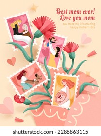 Paper art style Mother's day illustration. Postage stamps with stages of motherhood and carnations spreading out from pink envelope.