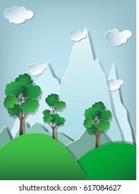 Paper art style mountain landscape with trees
