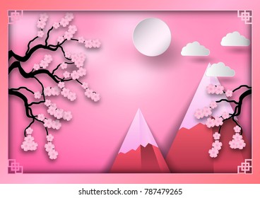 Paper art style of mountains with branch of cherry blossoms, clouds and sun on pink background, oriental vintage pattern frame for chinese new year, Vector illustration
