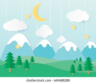 Paper art style, nature landscape background. Flat design vector illustration of mountains, trees clouds, stars and a crescent moon