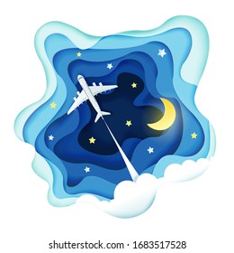 Paper art style of origami airplane flying to the sky through the cloud at night, Vector illustration
