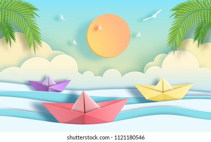 Paper art style of origami boat sailing in the ocean, leadership concept,
flat-style vector illustration.