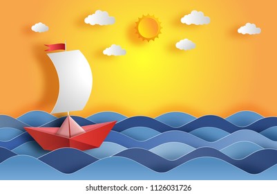 Paper art style of origami boat sailing in the ocean, leadership concept,flat-style vector illustration.
