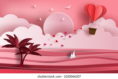 Paper art style of origami heart shaped hot air balloon flying in the air over beautiful beach with many hearts floating, flat-style vector illustration.