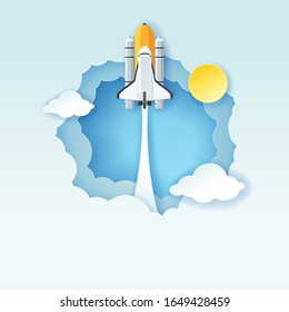 Paper art style of origami rocket or space ship launch to the sky through the clouds, Start up business concept, Digital craft style, Vector illustration