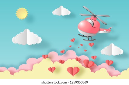 Paper art style of pink helicopter flying in the air with many hearts floating, pastel color for posters, brochure, invitation, banners, flat-style vector illustration.