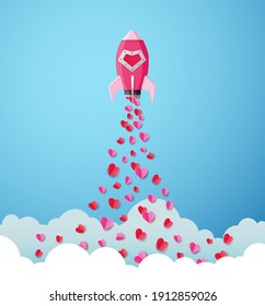 Paper art style of pink rocket soared in the sky and released paper hearts, Love and Valentines day concept, Vector illustration