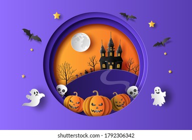 Paper art style of pumpkins with ghosts, spooky night background, Halloween concept.